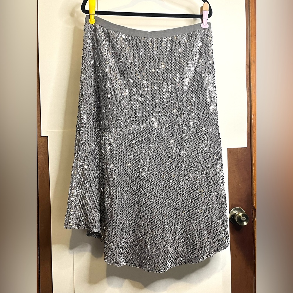 NWT Calvin Klein Women’s Size XL Silver Sequined Velvet Asymmetrical Midi Skirt